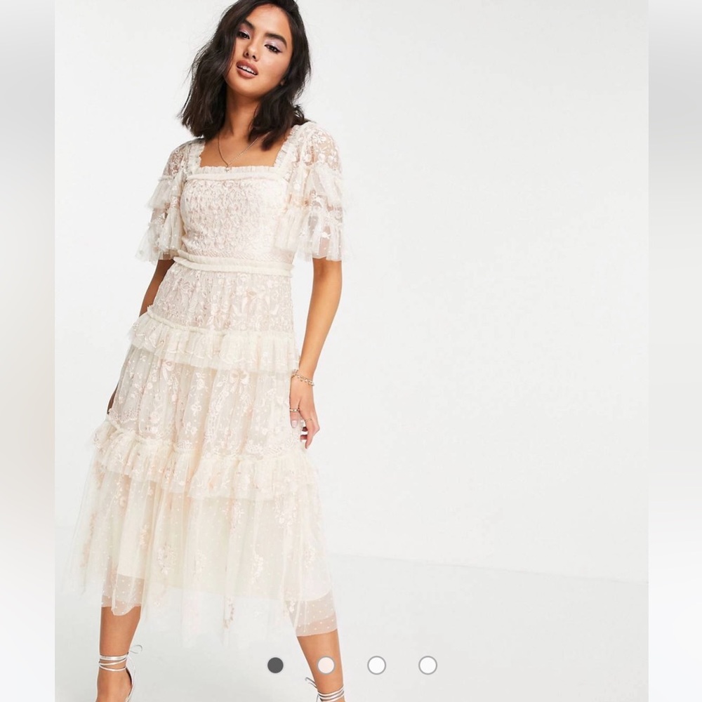 Needle & Thread Arwen midi milk maid dress with lace in pink